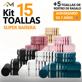 Kit Toallas 15 Super Bañera de Alta Suavidad y Absorción +5 Toallas de Rostro de REGALO